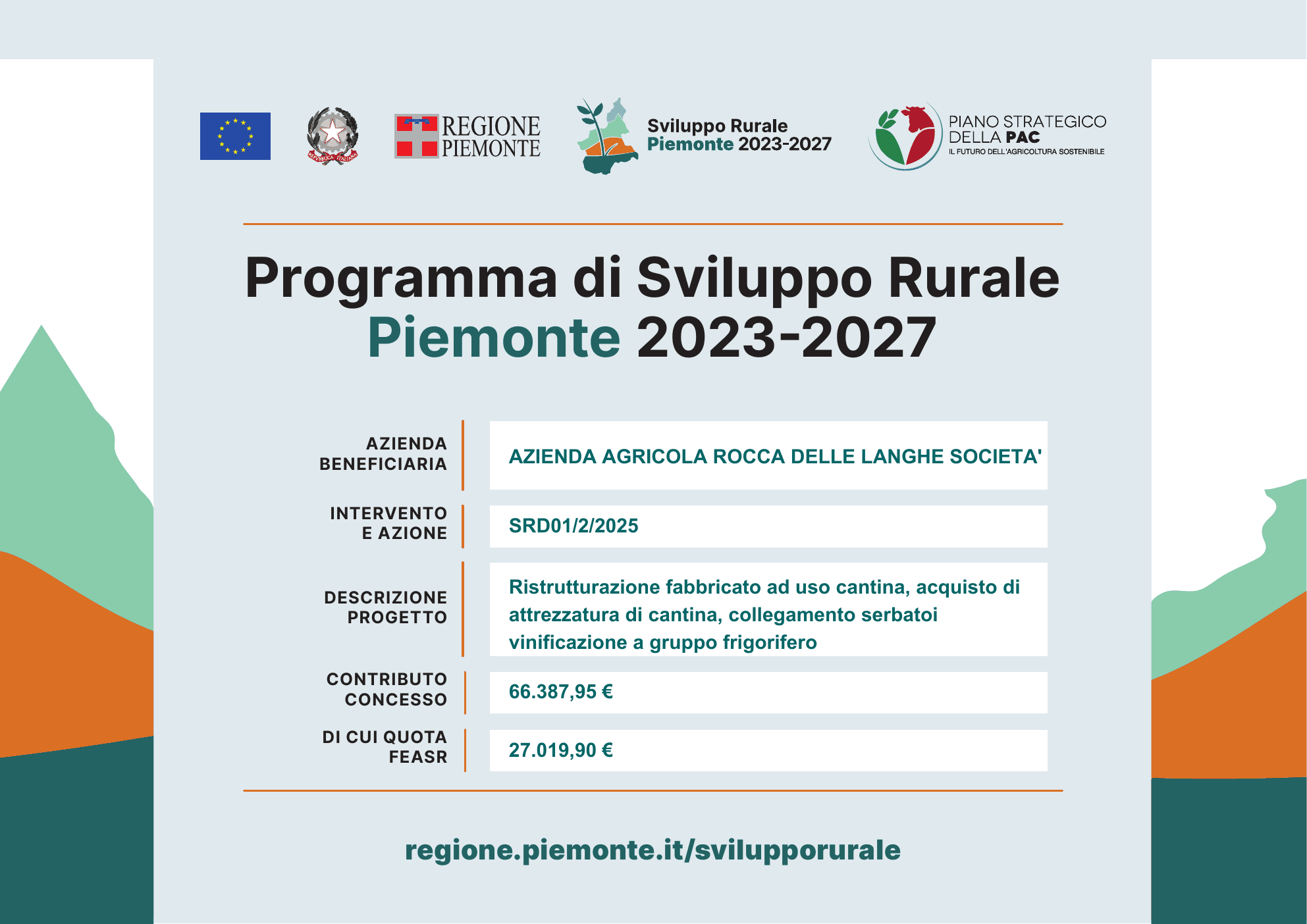 Offizielle Tafel zum Programm zur Entwicklung des ländlichen Raums Piemont 2023–2027 mit Projekt- und Förderangaben